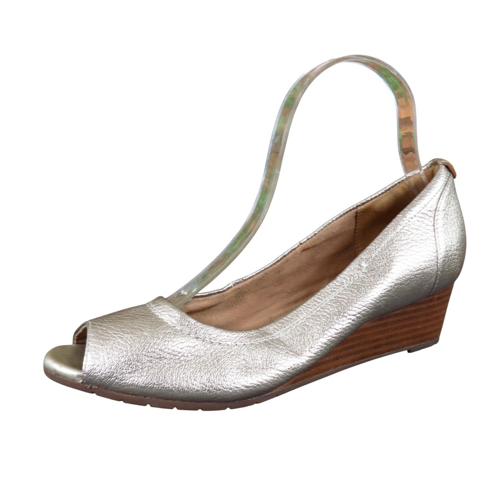 Clarks Vendra Daisy Women Peep Toe Wedge 7 Dress Shoes Gold Metallic Leather